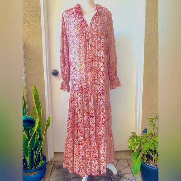 free people feelin groovy red floral long sleeve sheer tiered maxi dress sz s - Picture 1 of 13
